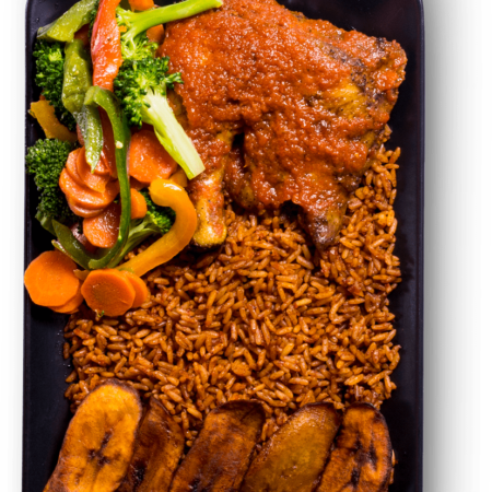 Jollof Rice, Fried Plantain, 5pcs of Chicken/Turkey/Fish