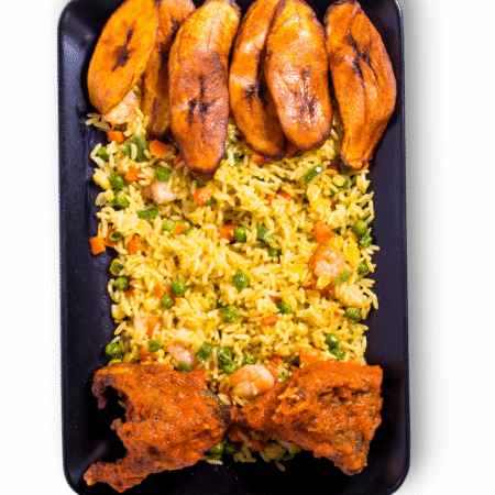 Fried Rice, Fried Plantain, 5pcs of Chicken/Turkey/Fish