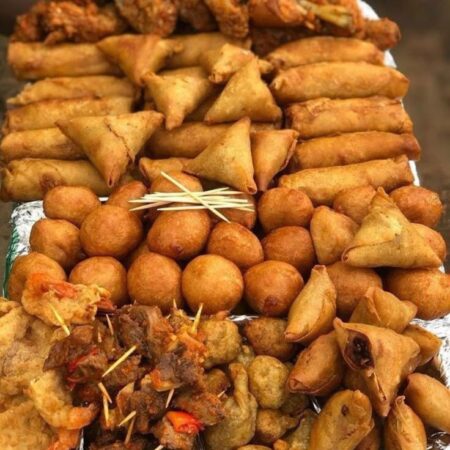 Puff-puff, Samosa, Spring Rolls, Meat Skewes 1tray